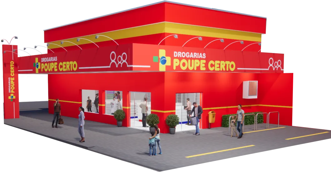 Mockup 3D da fachada de uma drogaria Poupe Certo